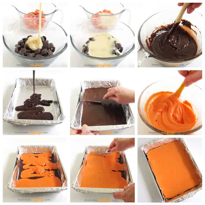 Pour sweetened condensed milk over dark cocoa and orange candy melts then melt them in the microwave and layer them in a 9x13 pan.