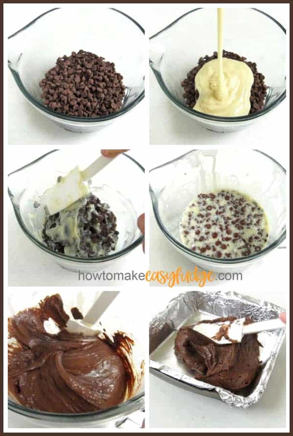 pour milk chocolate and sweetened condensed milk into a bowl, heat in the microwave, stir until melted, pour into a square pan