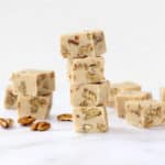 BUTTER PECAN FUDGE -- Delicious easy fudge recipe with white chocolate, brown butter, buttered pecans, and cinnamon. How to brown butter.