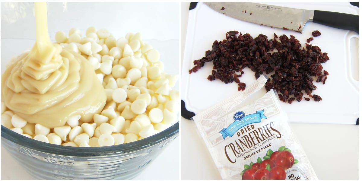 Easy cranberry fudge ingredients - white chocolate, sweetened condensed milk, and cranberries.