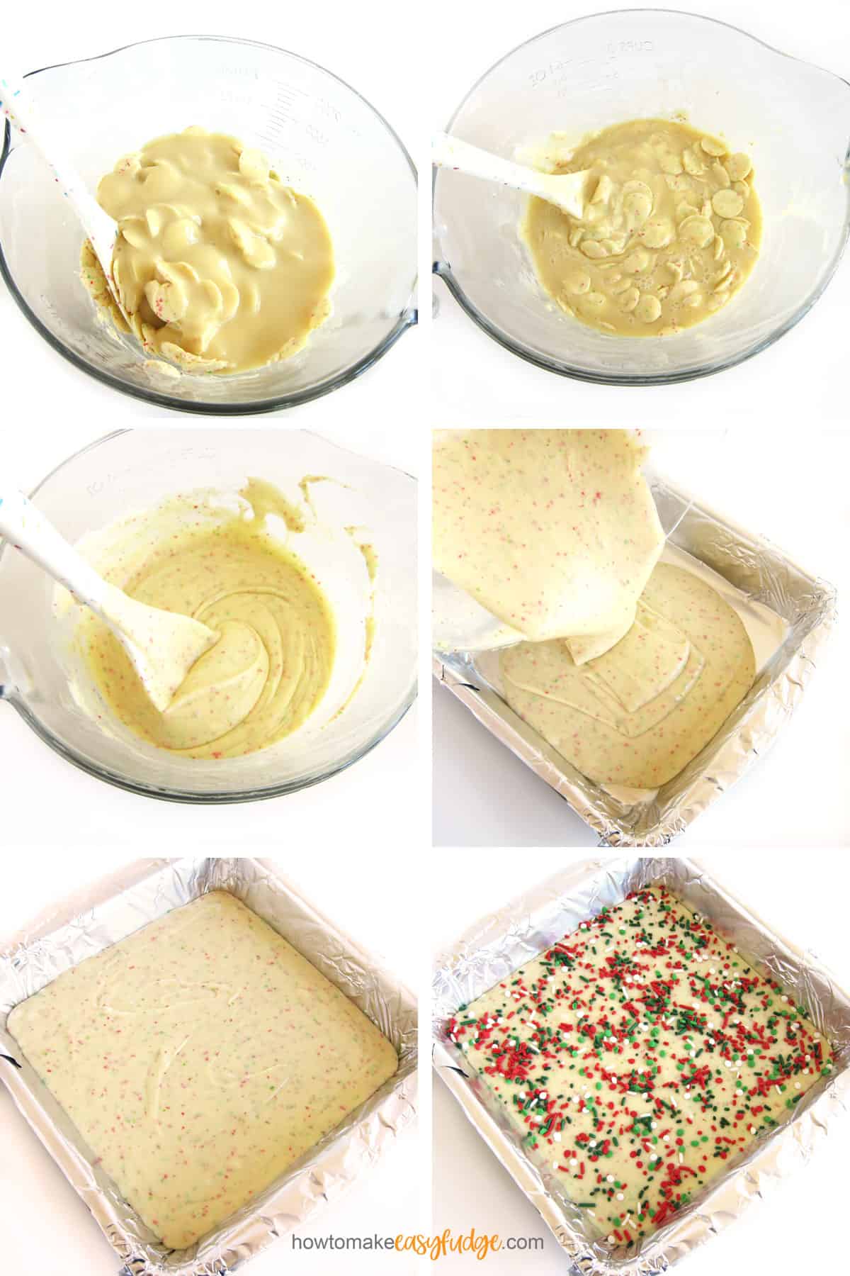 Melt Sugar Cookie Candy Melts with sweetened condensed milk, pour it in a pan, top it with Christmas sprinkles.