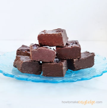 chocolate frosting fudge on blue plate