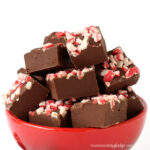 chocolate mint fudge topped with red and white Andes Mint peppermint bits