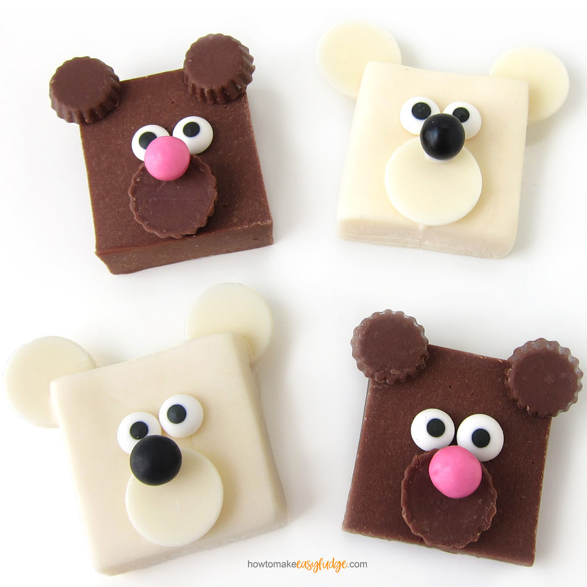 White and milk chocolate fudge bears decorated with candy eyes, nose, and ears