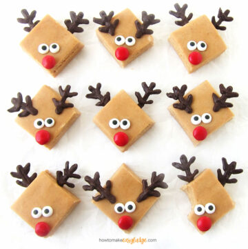 peanut butter fudge reindeers on crinkled parchment paper