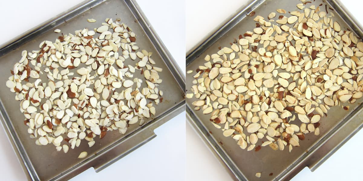 toast almond slices in oven until golden brown