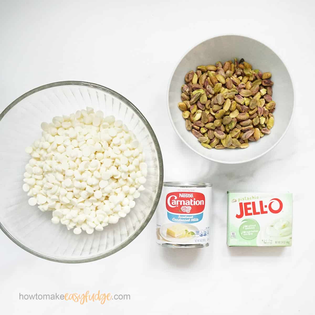 pistachio fudge ingredients, white chocolate, pistachios, sweetened condensed milk, pistachio gelatin