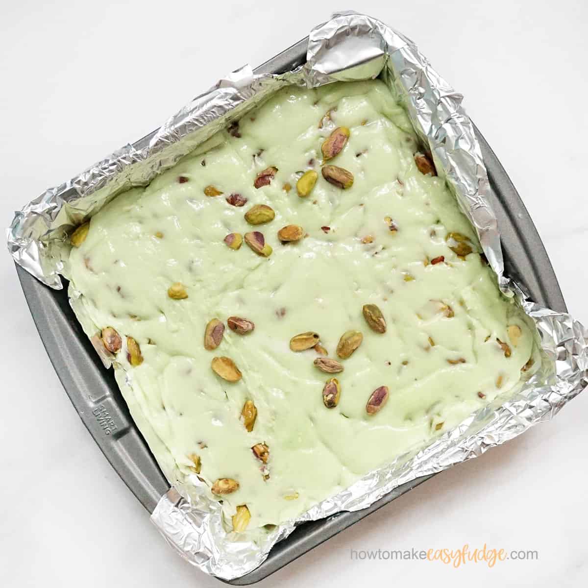 pistachio fudge in baking pan