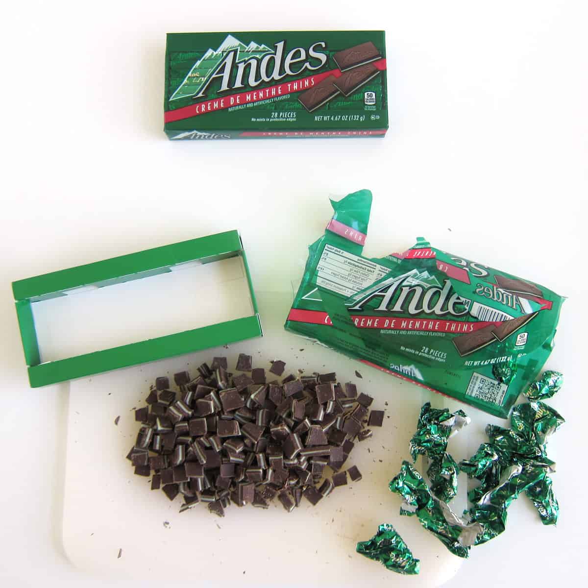 1 package of 28 Andes Mints and a package of Andes Mints unwrapped and chopped into small pieces