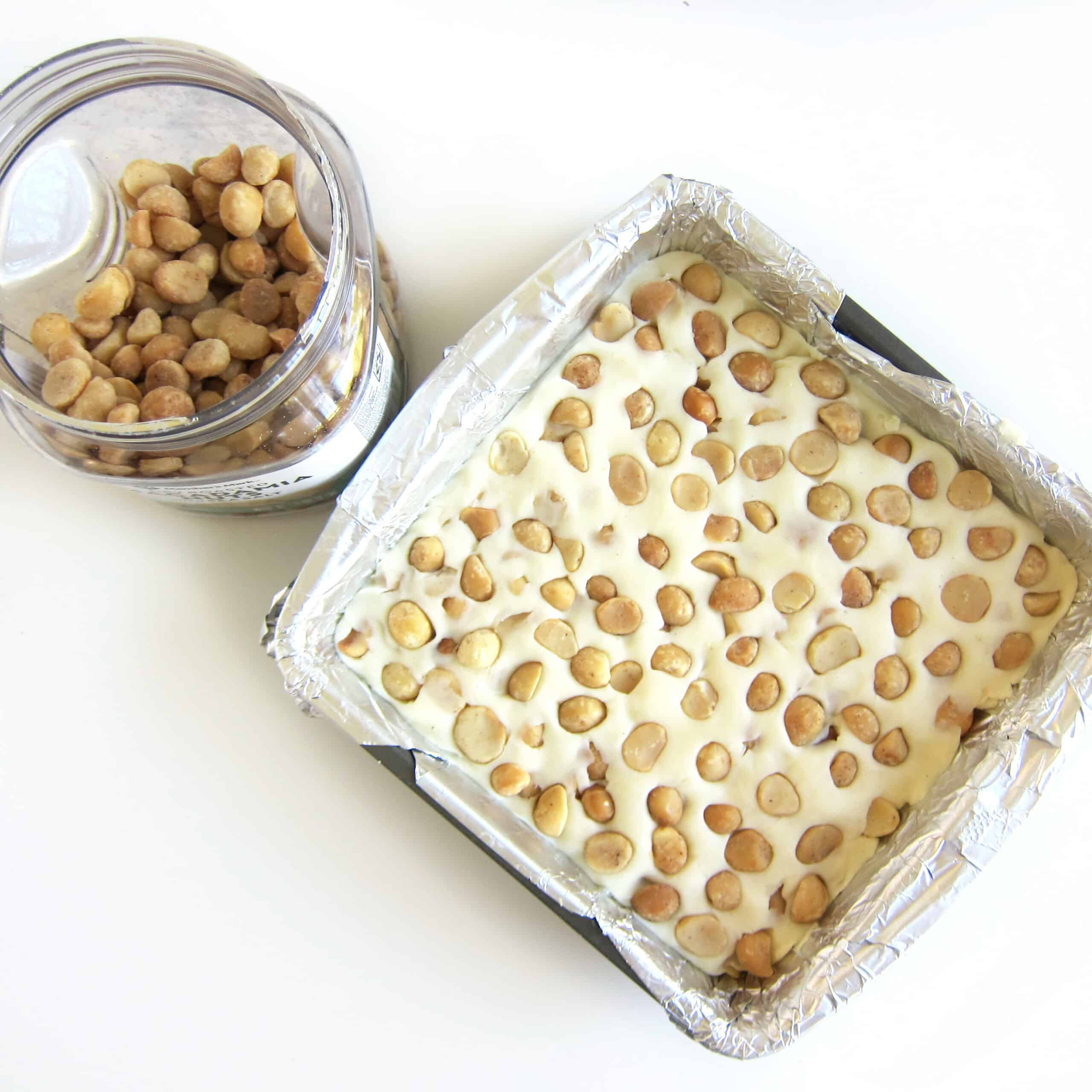 White chocolate fudge filled with macadamia nuts.